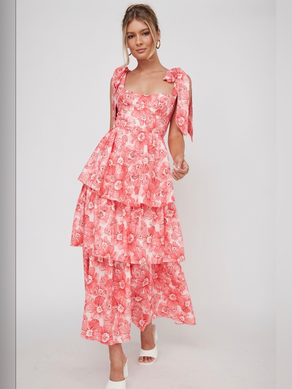 Arlowe Tied Shoulder Tiered Midi Dress Floral Pink